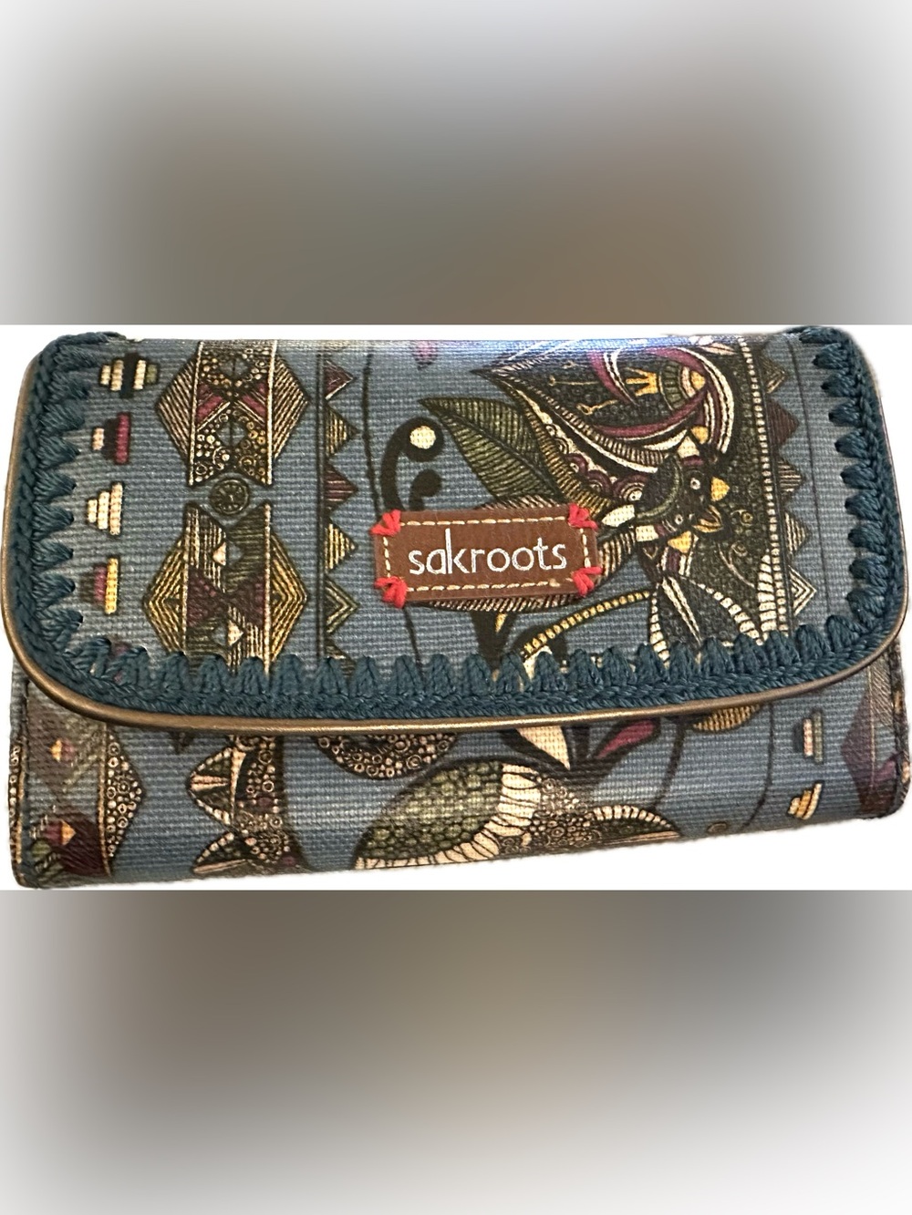 Sakroots Teal Floral Tribal Print Tri-Fold Wallet Bag Crochet Trim Pockets Boho